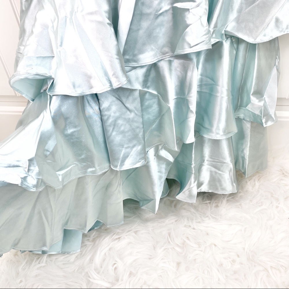 Lulu's Mint Satin Tiered Asymmetrical Midi Dress M - Picture 3 of 5